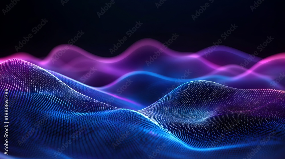 Fototapeta premium A vibrant digital landscape with wavy lines of purple and blue light against a dark background