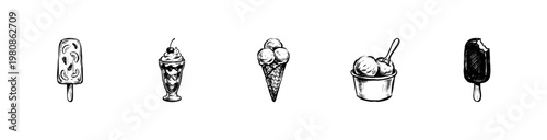 Ice Cream and Frozen Summer Desserts with Hand-Drawn Inky Brush Strokes and Fluid Organic Outlines