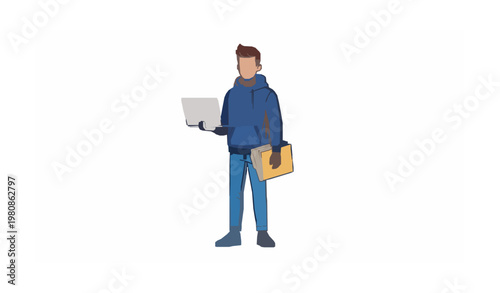 Young Male Student Holding Laptop and Document Folder Flat Vector Illustration Modern Millennial Character Clipart