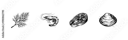 Seafood Assortment and Fresh Fish Ingredients with Hand-Drawn Inky Doodle and Organic Calligraphic Lines