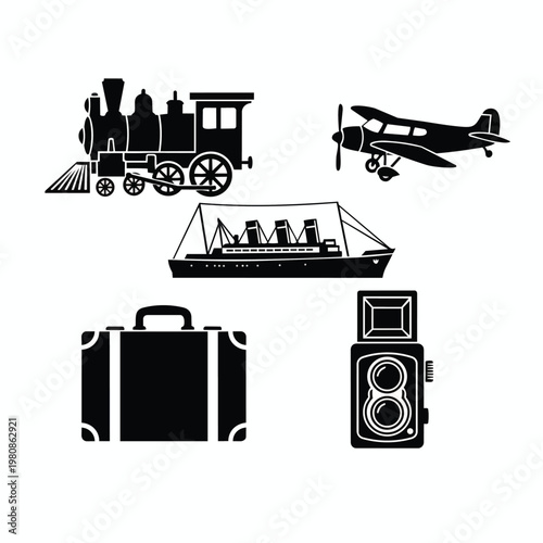 Vintage transportation and travel icons featuring steam train airplane ship luggage and old camera for journeys.