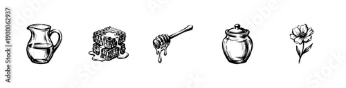 Honey and Beekeeping Elements with Raw Honeycomb and Glass Pitcher with Fluid Engraving Style and Hand-Drawn Sketchy Style