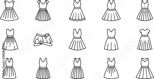 Black and white line of dresses and handbags arranged in three rows on white background line dresses