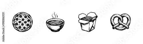 International Food and Fast Food Menu Elements with Hand-Drawn Inky Doodle and Organic Sketchy Sketch Aesthetic