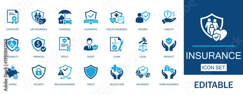 Insurance and Protection icon set. Features editable icons for risk management, Life, Health, Car, and Home Insurance. Solid vector icons for safety and claim services.