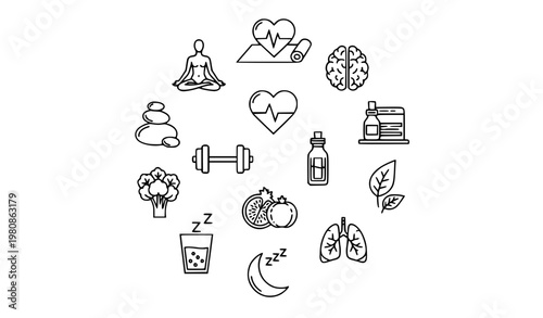 Modern wellness thin line icon set with meditation yoga mental health and fitness symbols