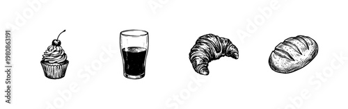 Gourmet Food and Beverage Assortment with Inky Doodle and Hand-Drawn Sketchy Aesthetic