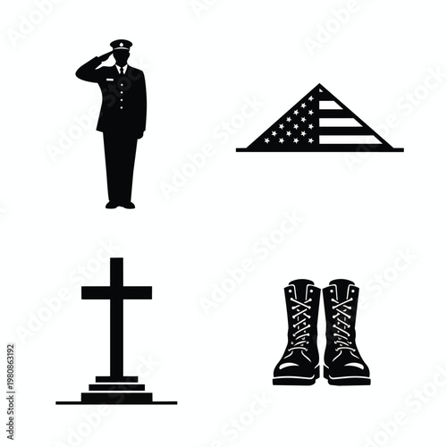 Veterans memorial tribute icons featuring soldier saluting folded flag cross and combat boots symbolizing remembrance and service.