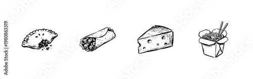 International Food and Fast Food Cuisine Favorites with Inky Brush Strokes and Hand-Drawn Sketchy Aesthetic