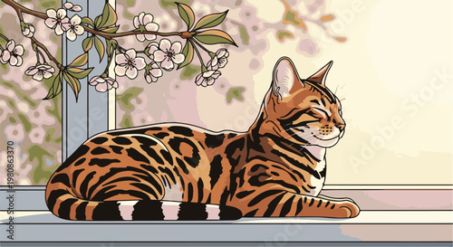 Bengal cat rests peacefully by a window with cherry blossoms overhead