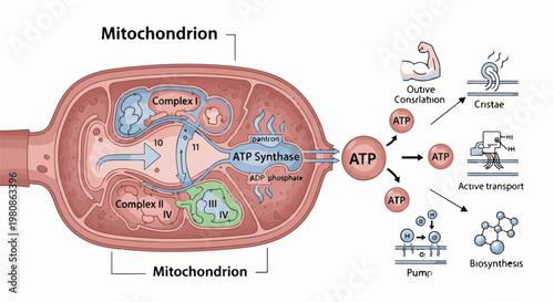Biological illustration of mitochondrion and ATP synthesis processes