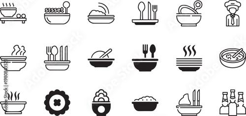 Black and white of kitchen utensils and cookware on white background pots pans