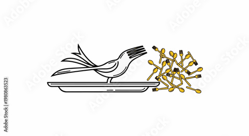 Bird-shaped fork on plate facing a pile of spoons