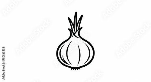 Black and white outline illustration of a single onion with green sprouts at the top