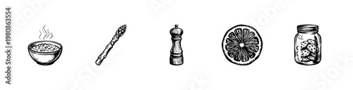 Kitchen Utensils and Healthy Food Ingredients with Hand-Drawn Inky Doodle and Organic Sketchy Aesthetic