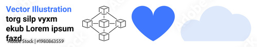 Blockchain, cloud storage, digital connections, technology solutions, data sharing, decentralized networks. Image shows blockchain structure, heart and cloud icons. Blockchain and cloud storage