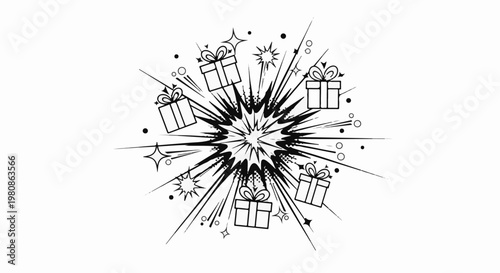 Black and white cartoon burst with scattered gifts, stars, and circles