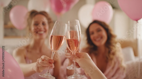 Three women celebrating with champagne glasses at a festive gathering, smiling and toasting each other in a bright, cheerful setting with pink balloons and decorations