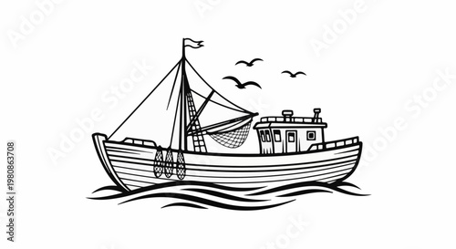 Black and white drawing of a fishing boat with nets and birds flying above