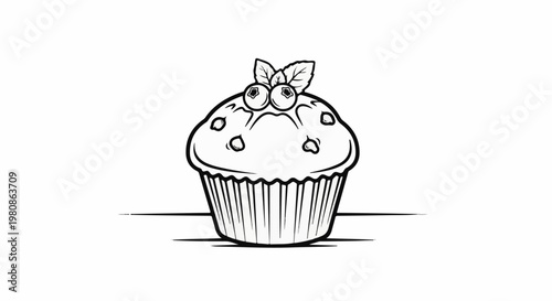Black and white drawing of a muffin topped with blueberries and leaves