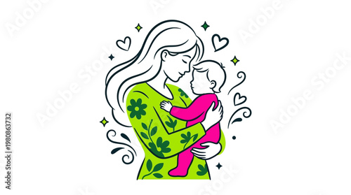 Mother Holding Baby Illustration - Happy Mother's Day Line Art with Hearts and Flowers - Family Love and Parenting Concept Graphic