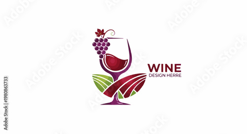 Artistic wine glass with grapes and vineyard elements
