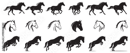 Horse silhouettes set. Jumping horse isolated on white background. Horse head logo.