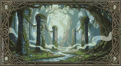 Ancient forest ruins with a mystical stream flowing between overgrown stone pillars