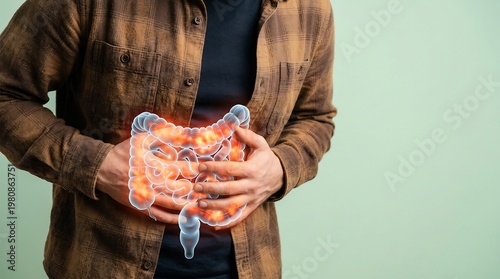 Person experiences acute abdominal discomfort while holding their torso as a glowing digital overlay displays the internal gastrointestinal tract.