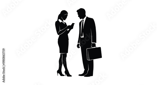 Business professionals in conversation a woman with a phone and a man with a briefcase silhouette
