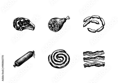 Deli Meat Products and Butcher Shop Charcuterie with Hand-Drawn Sketchy Textures and Fluid Engraving Style