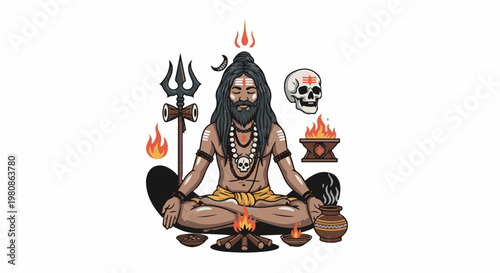 Ascetic meditating with trident, skulls, fire, and offerings