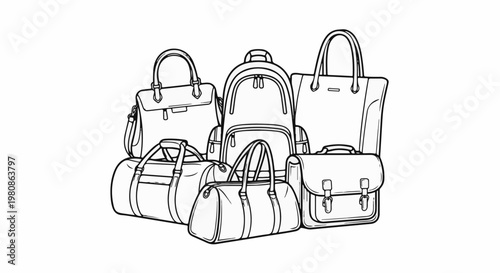 Assorted bags including backpacks, duffels, and satchels in black and white line art