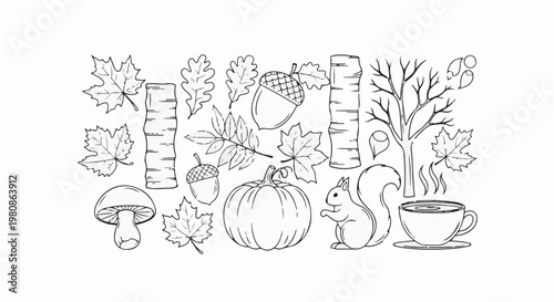 Autumn elements leaves, acorns, pumpkin, squirrel, mushroom, tree, and hot drink