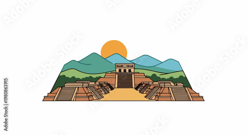 Ancient stepped pyramids under a setting sun amidst verdant hills