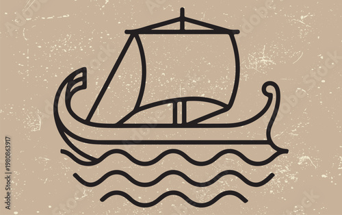 Minimalist Line Art Illustration of an Ancient Sailing Ship, Viking Longship, or Greek Galley on Ocean Waves - Nautical History and Adventure Concept.