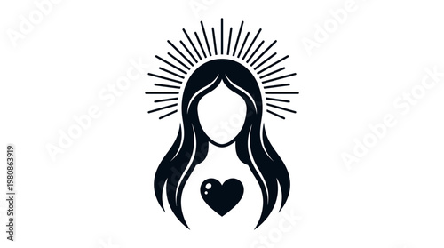 Minimalist Divine Feminine Icon with Sunburst Halo and Sacred Heart Vector Illustration