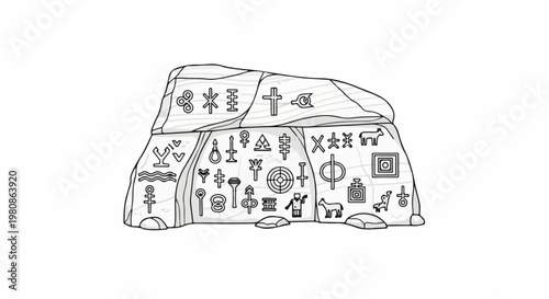 Ancient rock carvings depict symbols, animals, and celestial patterns