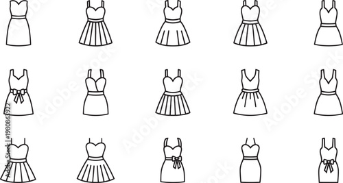 Black and white of women in dresses skirts with various hairstyles