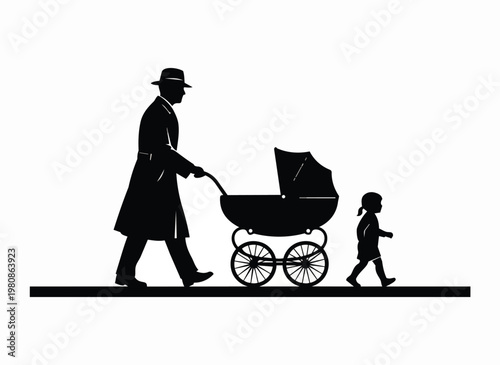 Father pushing stroller with child beside him.