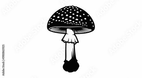 Black and white graphic illustration of a spotted mushroom with a ruffled collar and stem