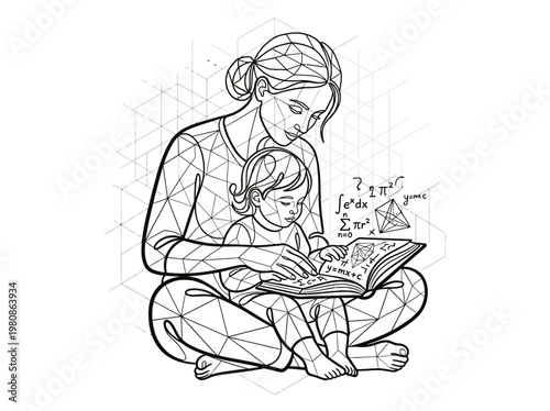 Mother and Child Reading Math and Science Book Together Geometric Line Art Illustration for STEM Education and Early Childhood Learning