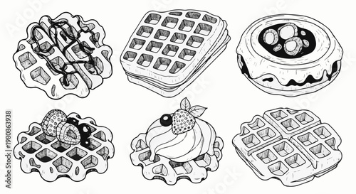 Assorted sweet waffles, some topped with berries, cream, and drizzled with sauce