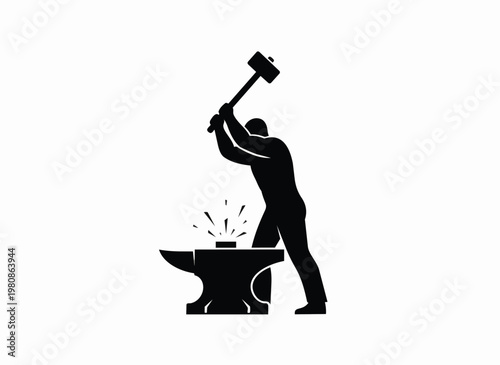 Blacksmith hammering metal on anvil.