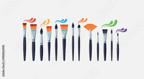 Assortment of art brushes with colorful paint strokes