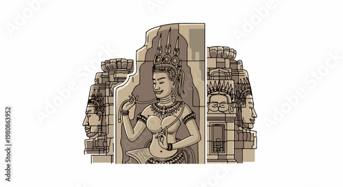 Ancient stone carvings of a goddess and faces on temple walls