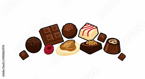 Assortment of assorted chocolates and a raspberry, presented on a white background