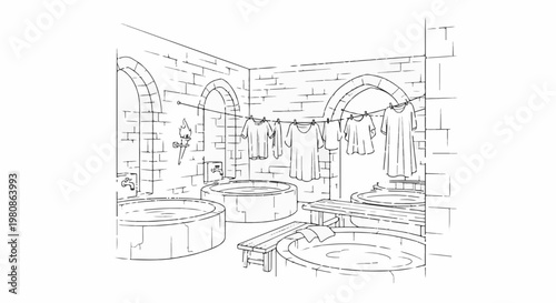 Ancient stone room with bathing pools, hanging laundry, and a torch