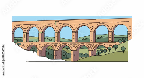 Ancient stone aqueduct crosses a gentle green landscape under a blue sky
