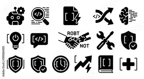 Ai coding assistant icons set in solid black style with robot code interface tools security symbols isolated concept of artificial intelligence programming